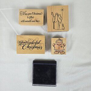 Set of 4 Christmas Themed Rubber Stamps and Black Ink Pad NWT